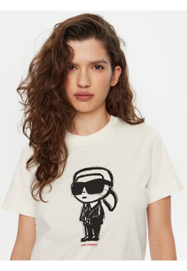 Karl Lagerfeld - KARL LAGERFELD T-Shirt A1W17126 Écru Regular Fit. Typ kołnierza: dekolt w karo. Materiał: bawełna