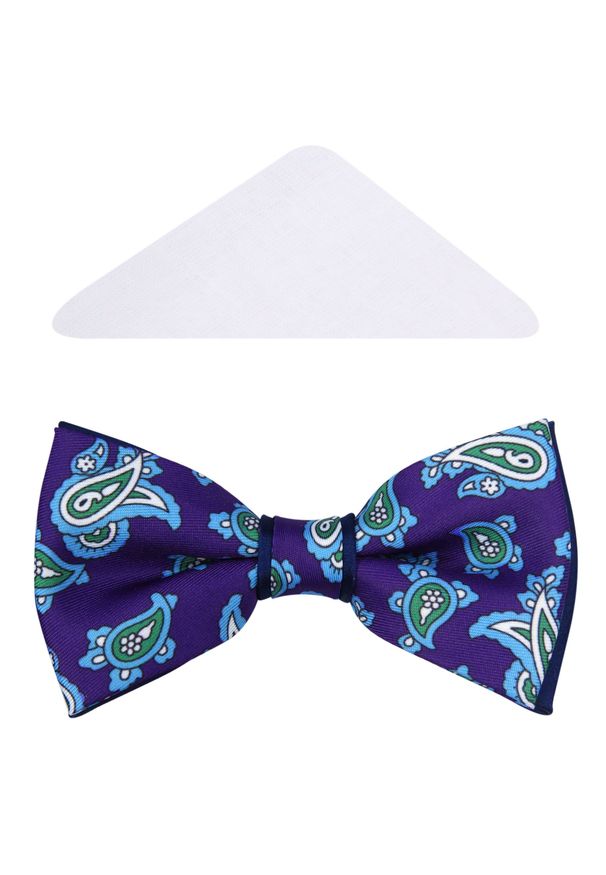 Modini - Fioletowo-granatowa mucha we wzór paisley A149. Kolor: wielokolorowy, fioletowy, niebieski. Materiał: poliester, tkanina. Wzór: paisley. Styl: elegancki