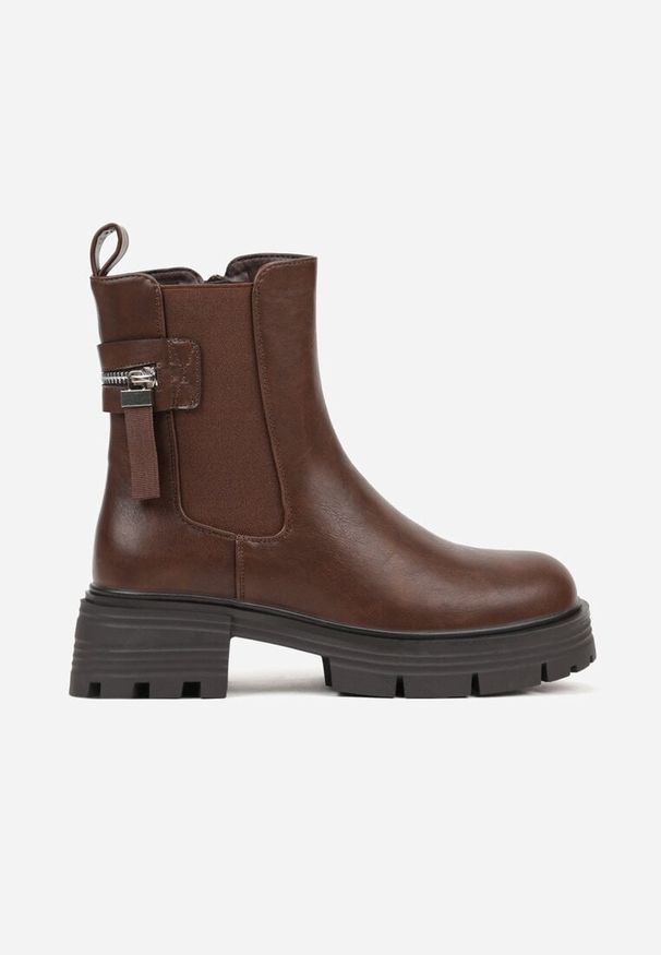 Born2be - Brązowe Botki Sztyblety na Grubej Podeszwie z Ozdobą Refana. Okazja: na co dzień. Kolor: brązowy. Materiał: jeans. Wzór: aplikacja. Styl: klasyczny, casual, elegancki