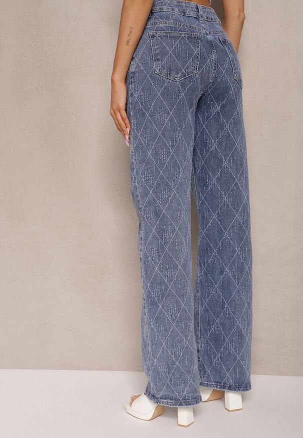 Renee - Niebieskie Jeansy High Waist z Szeroką Nogawką w Romby Carinell. Okazja: na co dzień. Stan: podwyższony. Kolor: niebieski. Styl: casual, elegancki