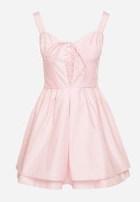 Born2be - Różowa Bawełniana Sukienka Vices w Rustykalnym Stylu z Wiązaniem Fenavira. Okazja: na co dzień. Kolor: różowy. Materiał: bawełna. Długość rękawa: na ramiączkach. Wzór: aplikacja. Styl: casual #3