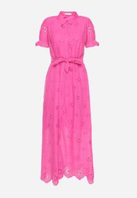 Born2be - Różowa Koszulowa Sukienka z Ażurowym Haftem i Bufiastymi Rękawami Lieve. Okazja: na co dzień. Kolor: różowy. Materiał: materiał. Wzór: ażurowy, haft. Typ sukienki: koszulowe. Styl: casual, elegancki #4