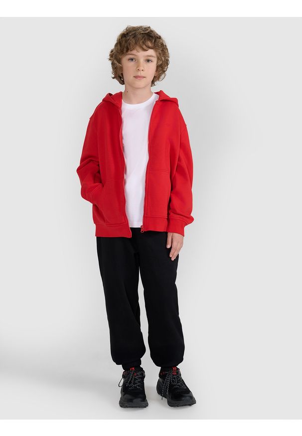 4f - 4F Bluza dresowa rozpinana z kapturem chłopięca - czerwona 152 (11-12 lat). Okazja: na co dzień. Typ kołnierza: kaptur. Kolor: czerwony. Materiał: dresówka. Wzór: ze splotem, gładki. Sezon: lato. Styl: sportowy, casual