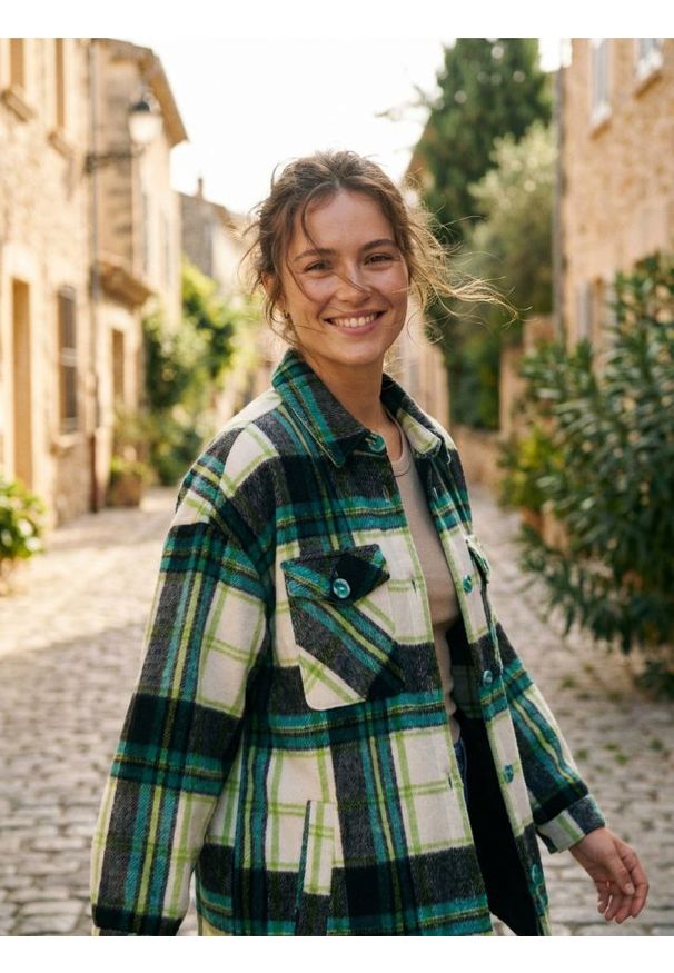 Sinsay - Kurtka koszulowa z domieszką wełny - zielony. Kolor: zielony. Materiał: wełna