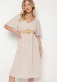 Born2be - Beżowa Bawełniana Sukienka o Rozkloszowanym Fasonie Liranelle. Okazja: na co dzień. Typ kołnierza: dekolt w kształcie V. Kolor: beżowy. Materiał: bawełna. Długość rękawa: krótki rękaw. Sezon: lato. Typ sukienki: rozkloszowane. Styl: casual, elegancki #2