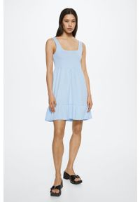 mango - Mango sukienka bawełniana Maroto2 mini rozkloszowana. Kolor: niebieski. Materiał: bawełna. Długość rękawa: na ramiączkach. Typ sukienki: rozkloszowane. Długość: mini