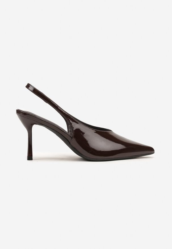 Renee - Brązowe Lakierowane Sandały na Szpilce Typu Slingback Addoxie. Okazja: na co dzień, na spacer. Kolor: brązowy. Materiał: lakier. Obcas: na szpilce. Styl: elegancki, casual. Wysokość obcasa: średni