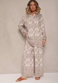 Renee - Ciemnobeżowy Komplet z Wiskozą o Kroju Oversize Koszula i Spodnie Nilarithia. Kolor: beżowy. Materiał: wiskoza
