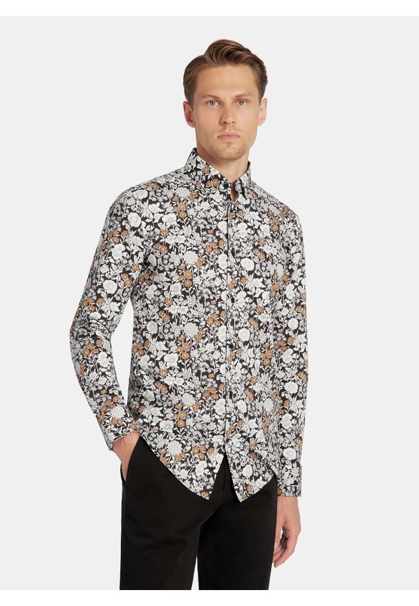 Pako Lorente - PAKO LORENTE - Czarna koszula męska kwiaty. Kolor: czarny. Materiał: bawełna, elastan. Długość rękawa: długi rękaw. Długość: długie. Wzór: kwiaty. Sezon: jesień