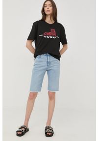 Hugo - HUGO szorty jeansowe damskie gładkie high waist. Okazja: na co dzień. Stan: podwyższony. Kolor: niebieski. Materiał: jeans. Wzór: gładki. Styl: casual