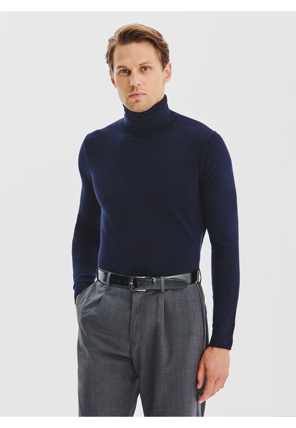 Pako Lorente - PAKO LORENTE - Granatowy gładki golf męski. Typ kołnierza: golf. Kolor: czarny, niebieski. Materiał: elastan, poliamid, bawełna. Wzór: gładki. Sezon: jesień