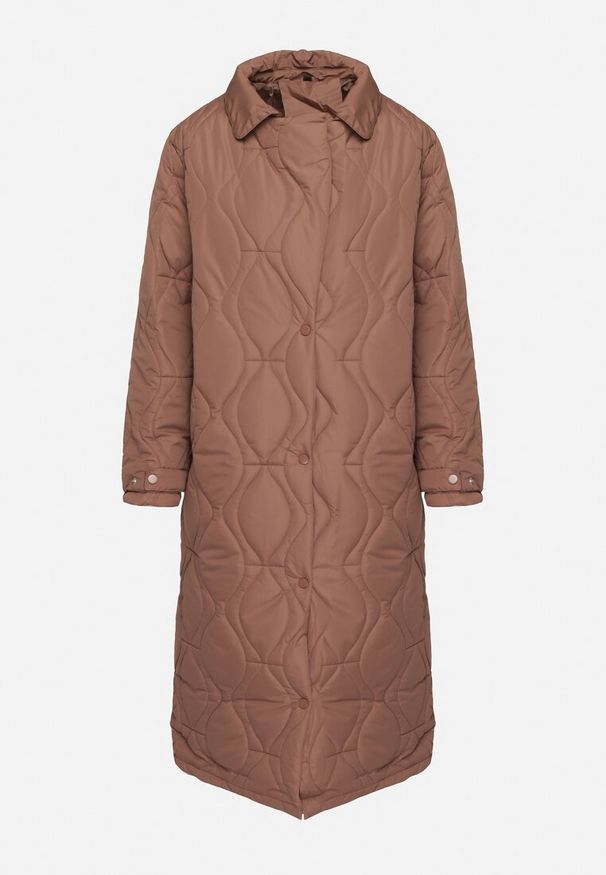 Born2be - Brązowy Długi Płaszcz Kurtka z Kołnierzem i Pikowaniem Semere. Kolor: brązowy. Długość: długie