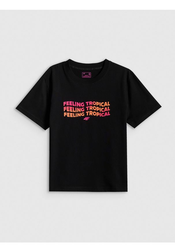 4f - 4F T-shirt boxy z nadrukiem damski - czarny M. Okazja: na co dzień. Kolor: czarny. Materiał: dzianina, bawełna, materiał. Wzór: nadruk. Styl: casual