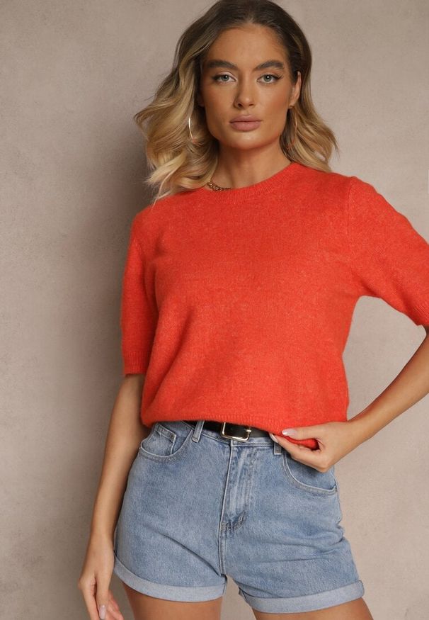 Renee - Pomarańczowy Sweter z Wełną Krótkim Rękawem Ozdobiony Ściągaczami Emiralin. Okazja: na co dzień. Kolor: pomarańczowy. Materiał: wełna. Długość rękawa: krótki rękaw. Długość: krótkie. Wzór: aplikacja. Styl: casual