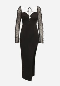 Born2be - Czarna Sukienka z Dekoltem Caro i Siateczkowymi Rękawami z Perełkami Inelara. Kolor: czarny. Wzór: aplikacja #4