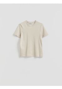 Reserved - T-shirt z bawełny merceryzowanej - beżowy. Kolor: beżowy. Materiał: bawełna #1