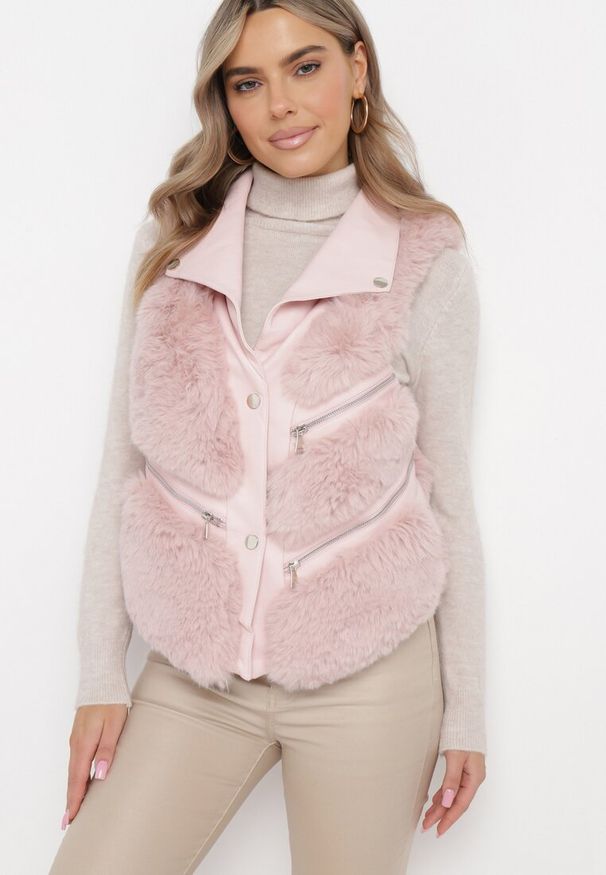 Born2be - Różowa Futrzana Kamizelka z Kołnierzem z Imitacji Skóry Pharina. Kolor: różowy. Materiał: skóra, futro