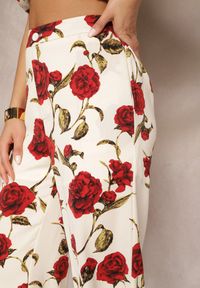 Renee - Beżowo-Bordowe Szerokie Spodnie w Kwiatowy Print z Kieszonkami Pomgranata. Kolor: beżowy. Materiał: tkanina. Wzór: kwiaty, nadruk. Sezon: lato