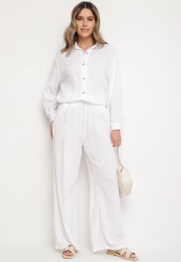 Born2be - Biały Komplet z Bawełny Koszula i Szerokie Spodnie Sarive. Kolor: biały. Materiał: bawełna