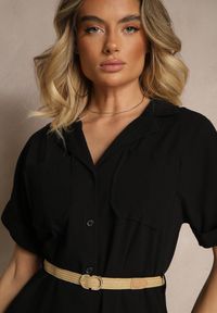 Renee - Czarna Koszulowa Sukienka z Bawełny o Rozkloszowanym Kroju z Paskiem i Haftem Nalista. Okazja: na co dzień. Kolor: czarny. Materiał: bawełna. Wzór: haft. Typ sukienki: koszulowe. Styl: klasyczny, elegancki, casual #4