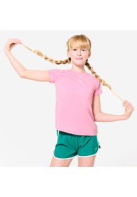 Decathlon - Koszulka sportowa z krótkim rękawem dla dzieci Domyos. Kolor: różowy. Materiał: materiał, poliester, lyocell, elastan. Długość rękawa: krótki rękaw. Długość: krótkie. Sport: joga i pilates