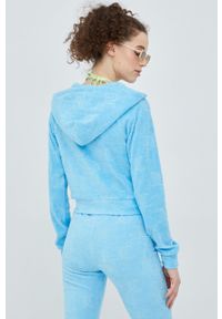 Juicy Couture bluza damska z kapturem gładka. Okazja: na co dzień. Typ kołnierza: kaptur. Kolor: niebieski. Materiał: włókno, dzianina, materiał. Długość rękawa: raglanowy rękaw. Wzór: gładki. Styl: casual #3