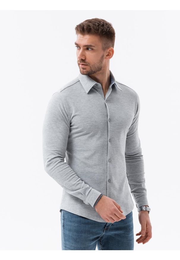 Ombre Clothing - Koszula męska dzianinowa z długim rękawem - szara V5 - Rozmiar: XL. Kolor: szary. Materiał: dzianina. Długość rękawa: długi rękaw. Długość: długie. Wzór: kropki
