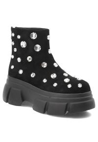 Czarne Botki S.Barski Modne Buty Damskie Na Platformie. Okazja: na co dzień. Kolor: czarny. Materiał: materiał. Wzór: aplikacja. Sezon: zima, jesień. Obcas: na platformie. Styl: glamour, casual, elegancki #2