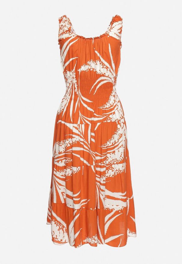 Born2be - Pomarańczowa Wiskozowa Sukienka na Ramiączkach z Gumką w Pasie Oslifea. Okazja: na imprezę, na co dzień. Kolor: pomarańczowy. Materiał: wiskoza. Długość rękawa: na ramiączkach. Wzór: aplikacja. Sezon: lato. Styl: casual