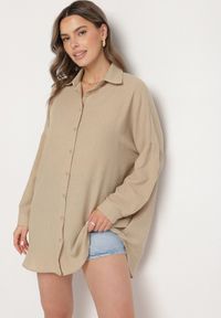 Born2be - Beżowa Klasyczna Koszula o Kroju Oversize Maronira. Okazja: na co dzień. Typ kołnierza: kołnierzyk klasyczny. Kolor: beżowy. Materiał: jeans. Styl: klasyczny #5
