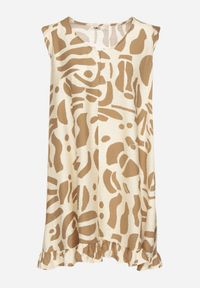 Born2be - Beżowa Sukienka o Rozkloszowanym Kroju z Dekoltem w Serek w Abstrakcyjny Wzór Mevondra. Okazja: na co dzień. Typ kołnierza: dekolt w serek. Kolor: beżowy. Materiał: skóra, jeans. Długość rękawa: bez rękawów. Styl: casual, elegancki #6