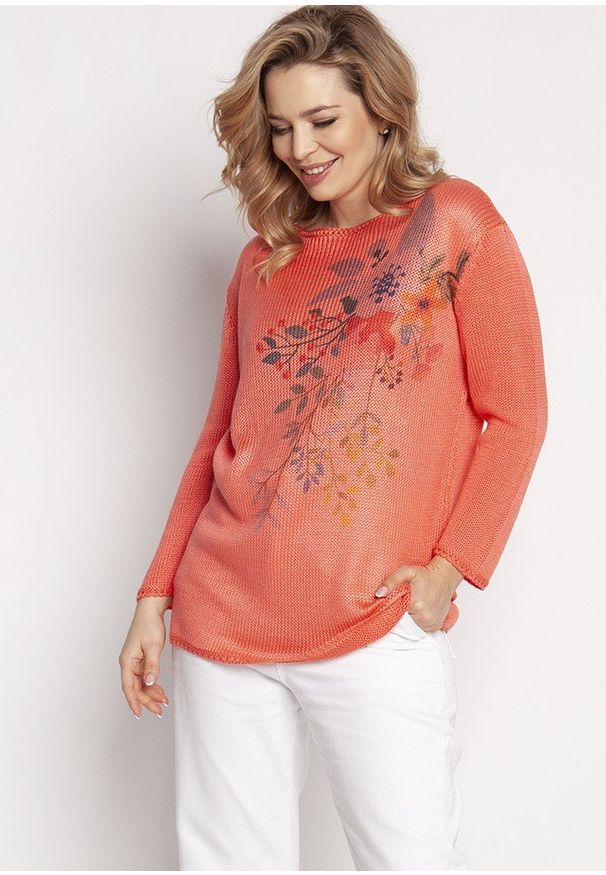 MKM - Lekki Sweter z Kwiatowym Nadrukiem - Koralowy. Kolor: pomarańczowy. Materiał: akryl. Wzór: nadruk, kwiaty