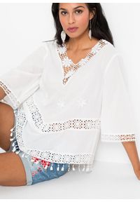 bonprix - Bawełniana bluzka tunikowa. Kolor: biały. Materiał: bawełna, koronka. Wzór: koronka #3