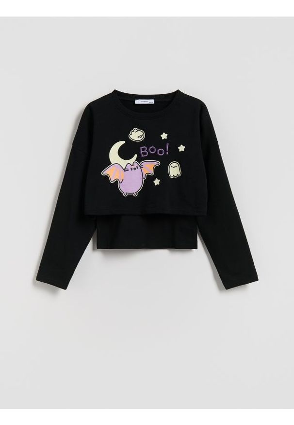 Reserved - Dwuwarstwowa koszulka Pusheen - czarny. Kolor: czarny. Materiał: bawełna, dzianina. Długość: krótkie