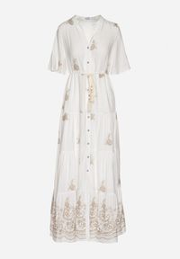 Born2be - Biała Wiskozowa Sukienka Boho o Rozkloszowanym Kroju z Haftem i Wiązaniem Lilvanis. Okazja: na co dzień. Typ kołnierza: dekolt w serek. Kolor: biały. Materiał: wiskoza. Długość rękawa: krótki rękaw. Wzór: haft. Styl: boho #4