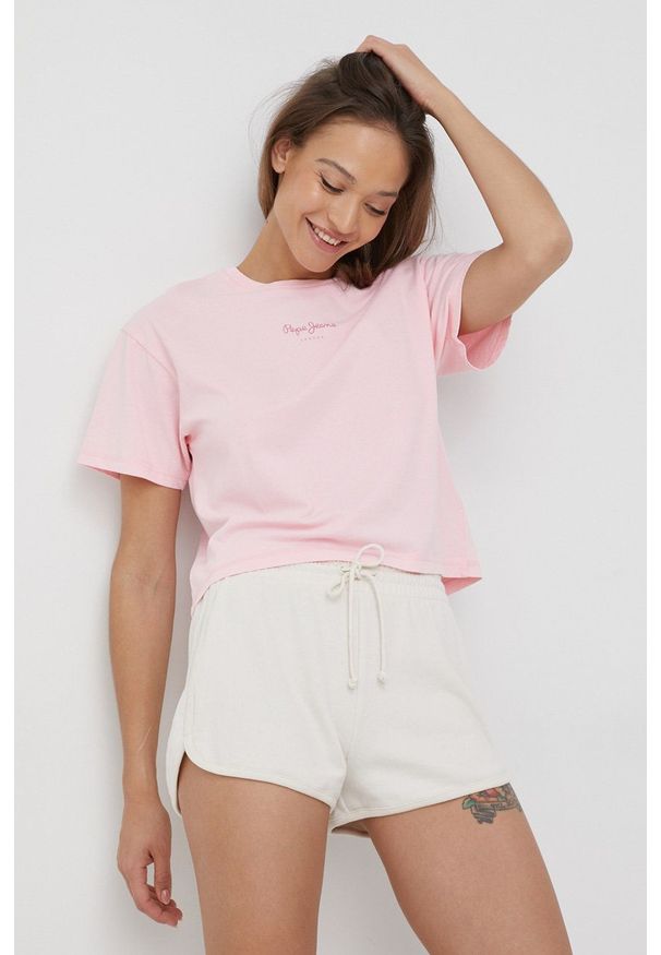 Pepe Jeans t-shirt bawełniany NINA kolor fioletowy. Kolor: fioletowy. Materiał: bawełna. Wzór: nadruk