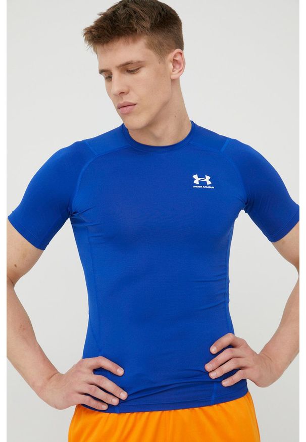 Under Armour t-shirt treningowy 1361518 kolor niebieski 1361518-410. Kolor: niebieski. Materiał: skóra, materiał. Długość rękawa: raglanowy rękaw. Wzór: gładki