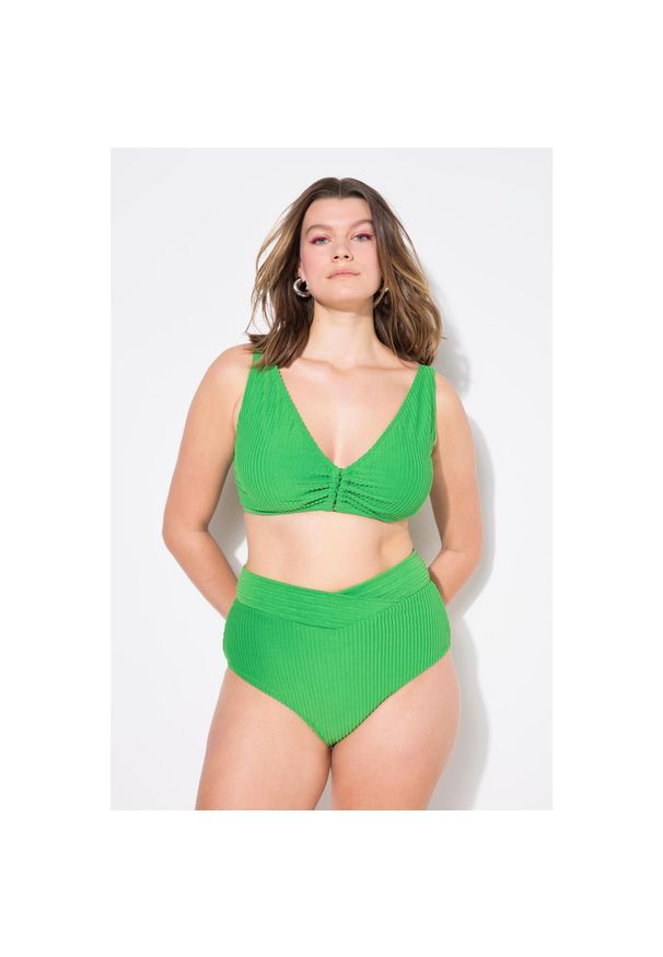 ULLA POPKEN - Damski Top bikini miękkie miseczki paski frotte ozdobne kółko. Kolekcja: plus size. Kolor: zielony. Materiał: elastan, poliester, materiał. Wzór: paski