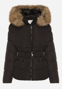 Born2be - Czarna Pikowana Kurtka z Paskiem Nieodpinanym Kapturem i Futerkiem Retinda. Okazja: na spacer, na co dzień. Kolor: czarny. Materiał: futro. Styl: casual #6