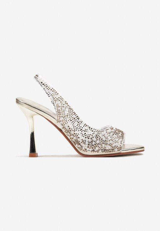 Renee - Złote Sandały Obcasie Transparentne Ozdobione Cyrkoniami Transparentną Cholewką i Perełkami Arfala. Okazja: na imprezę. Nosek buta: otwarty. Kolor: złoty. Wzór: aplikacja. Materiał: guma. Sezon: lato. Obcas: na obcasie. Styl: elegancki. Wysokość obcasa: średni