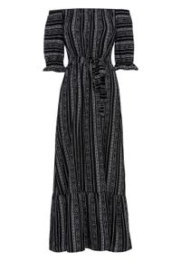 Długa sukienka z dekoltem carmen bonprix czarno-kremowy wzorzysty. Typ kołnierza: typu carmen. Kolor: czarny. Długość: maxi #1
