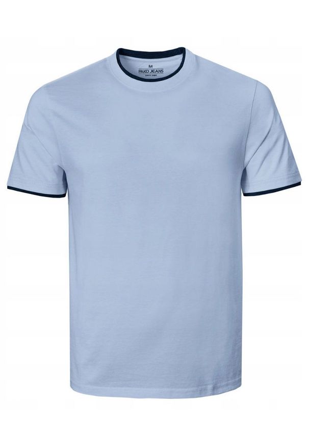 Jednokolorowa Koszulka z Lamówką - Pako Jeans - Błękitna. Okazja: na co dzień. Kolor: niebieski. Materiał: bawełna. Styl: casual