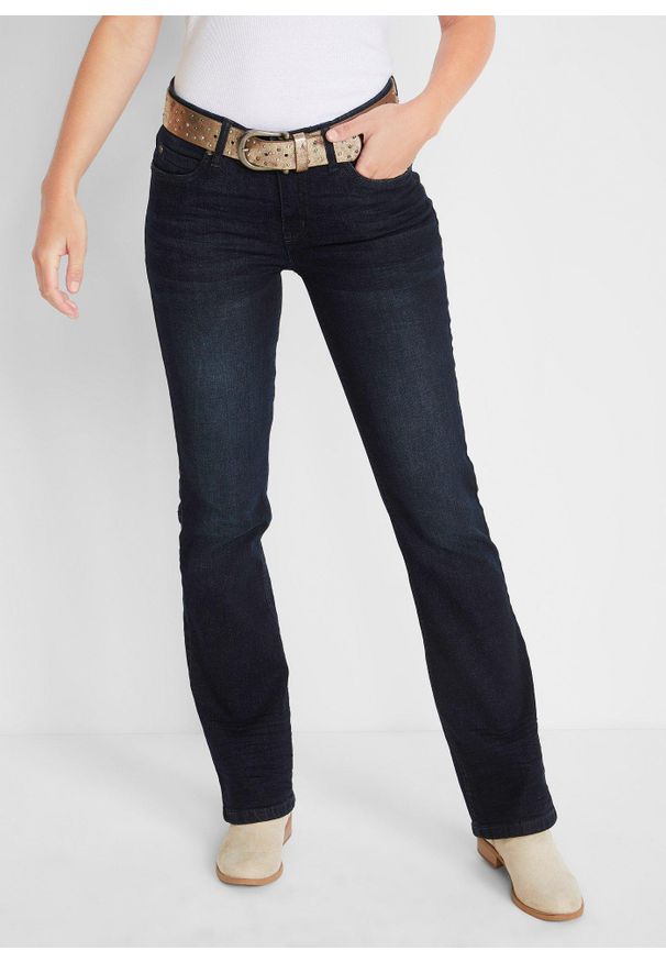 bonprix - Jeansy ze stretchem o kroju bootcut, mid waist. Okazja: na co dzień. Kolor: niebieski. Styl: casual