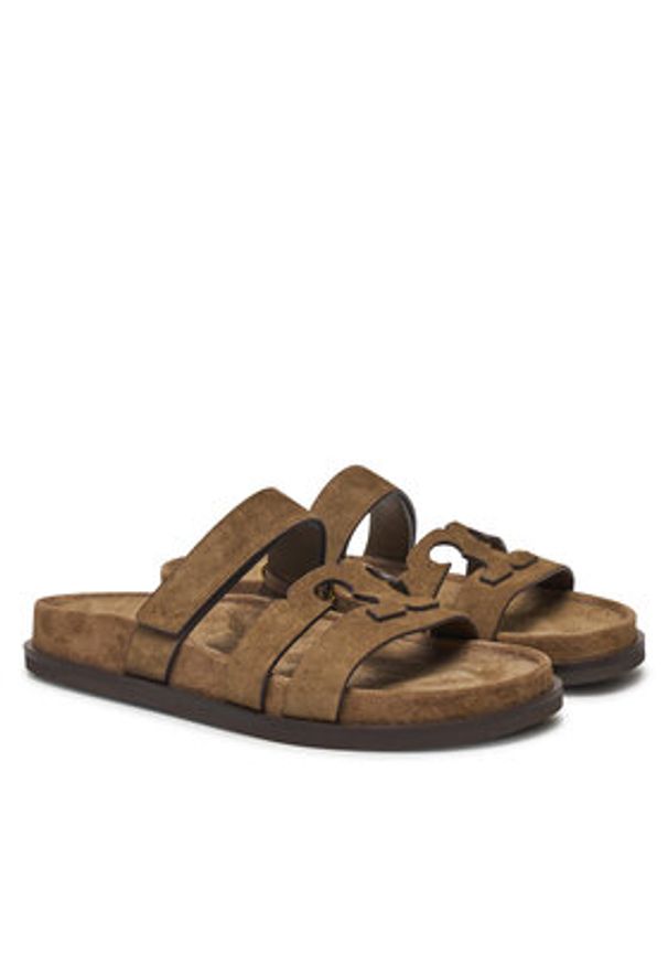 Tory Burch Klapki Ines Sport Slide 163481 Brązowy. Kolor: brązowy. Materiał: zamsz, skóra. Styl: sportowy