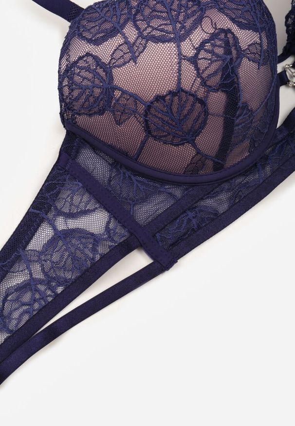 Renee - Granatowo-Różowy Koronkowy Biustonosz w Klasycznym Stylu z Aplikacją Galinassa. Kolor: niebieski. Materiał: koronka. Wzór: aplikacja