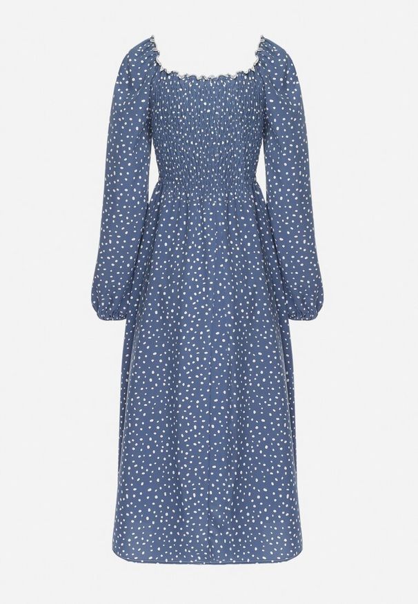 Born2be - Granatowa Rozkloszowana Sukienka Midi w Kropki Farnai. Kolor: niebieski. Wzór: kropki. Typ sukienki: rozkloszowane. Styl: retro. Długość: midi