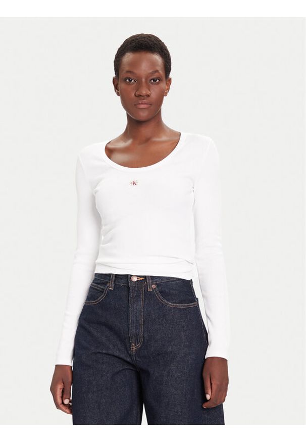 Calvin Klein Jeans Bluzka LV047D218G Biały Slim Fit. Kolor: biały. Materiał: bawełna