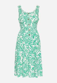 Born2be - Zielona Bawełniana Sukienka Rozkloszowana Ozdobiona Guzikami Lisavena. Okazja: na co dzień. Kolor: zielony. Materiał: bawełna. Wzór: aplikacja. Typ sukienki: rozkloszowane. Styl: casual, elegancki #4