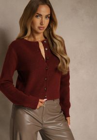 Renee - Bordowy Prosty Kardigan z Wełną z Okrągłym Dekoltem Reianvela. Kolor: czerwony. Materiał: wełna. Długość rękawa: długi rękaw. Długość: krótkie. Styl: klasyczny #5