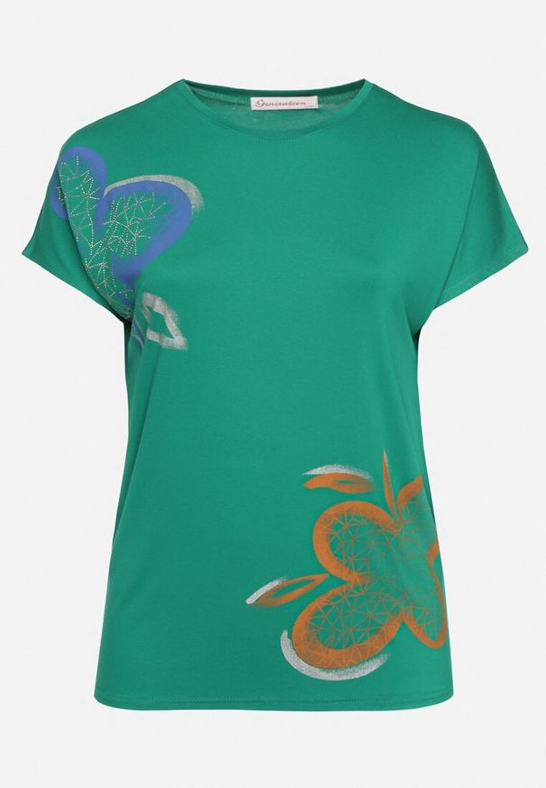 Born2be - Zielony Klasyczny T-shirt z Bawełny Ozdobiony Nadrukiem i Cyrkoniami Kristinae. Okazja: na co dzień. Kolor: zielony. Materiał: bawełna. Wzór: aplikacja, nadruk. Styl: klasyczny
